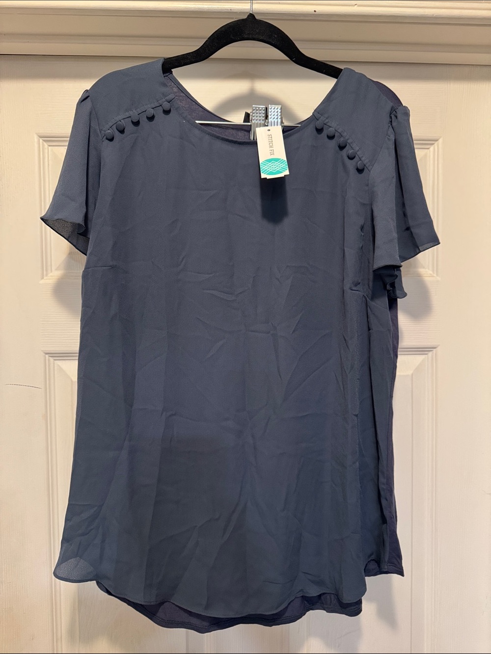 Short-Sleeve Navy Blouse with Shoulder Button Detail
